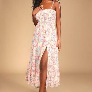 Lulus Just Dreamy White Floral Print Smocked Tiered Midi Dress Pink - Size M